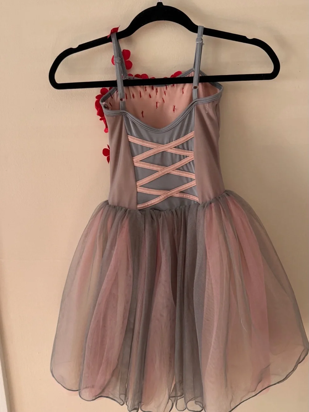 Curtain Call Dance Costume Girls Grey Tulle Dress with Red Floral Appliqué. CM